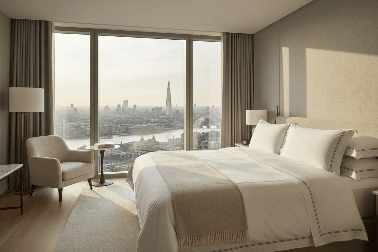 Luxury hotel-quality bedroom featuring crisp organic cotton bedding, cotton throw, plush pillows and elegant five-star interior design.