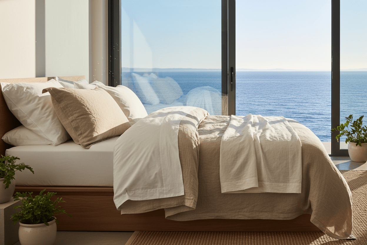•	Neutral, layered bed with cotton sheets and linen duvet with a sea view