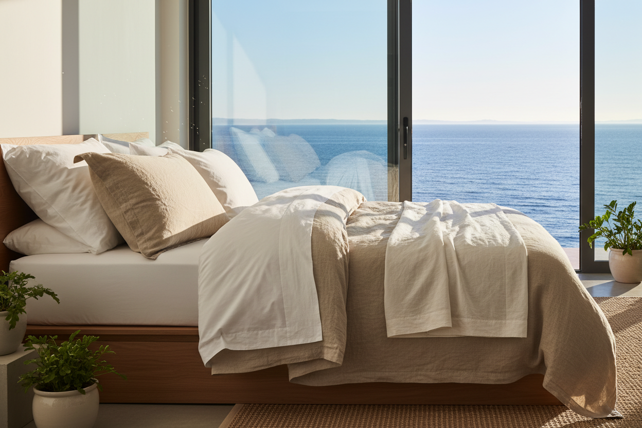 •	Neutral, layered bed with cotton sheets and linen duvet with a sea view