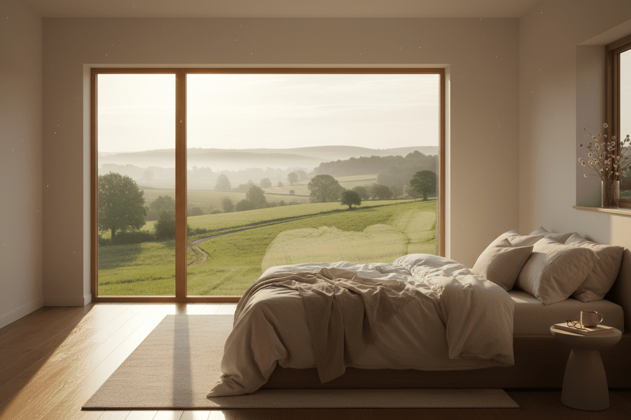 •	Peaceful bedroom scene with natural morning light and rolling hill countryside through window