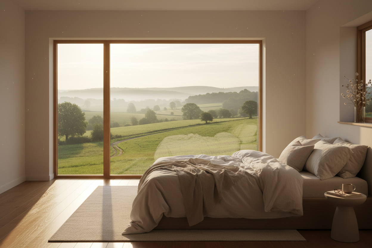 •	Peaceful bedroom scene with natural morning light and rolling hill countryside through window