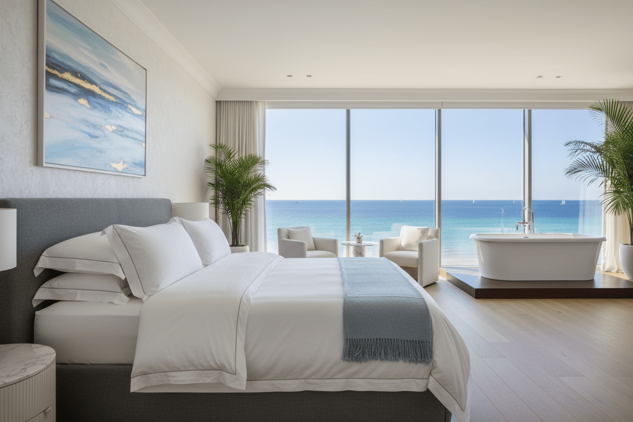 •	Perfectly made bed with crisp white sheets and an ensuite freestanding bath with a seaview