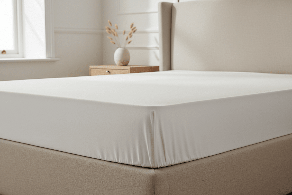 White organic cotton fitted sheet fitting securely around a deep mattress corner