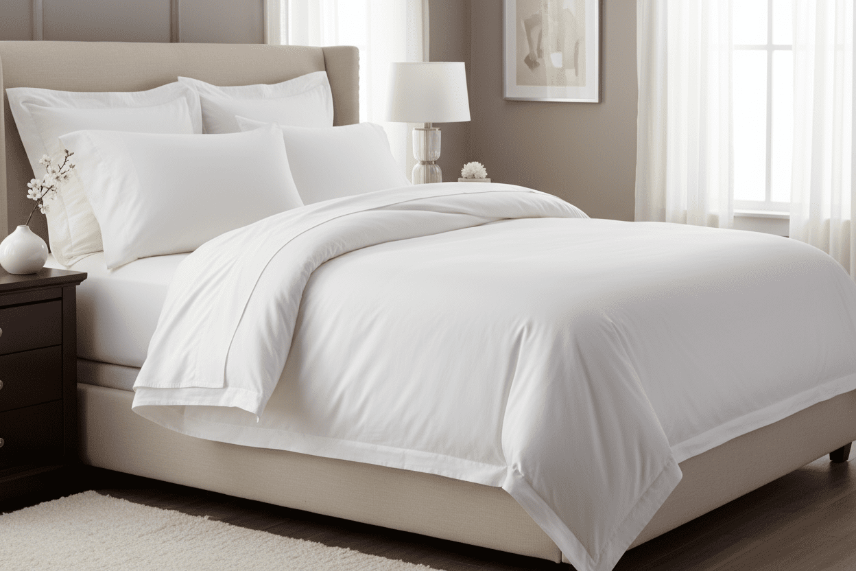 Styled bedroom featuring luxury bedding set in Sea Salt White