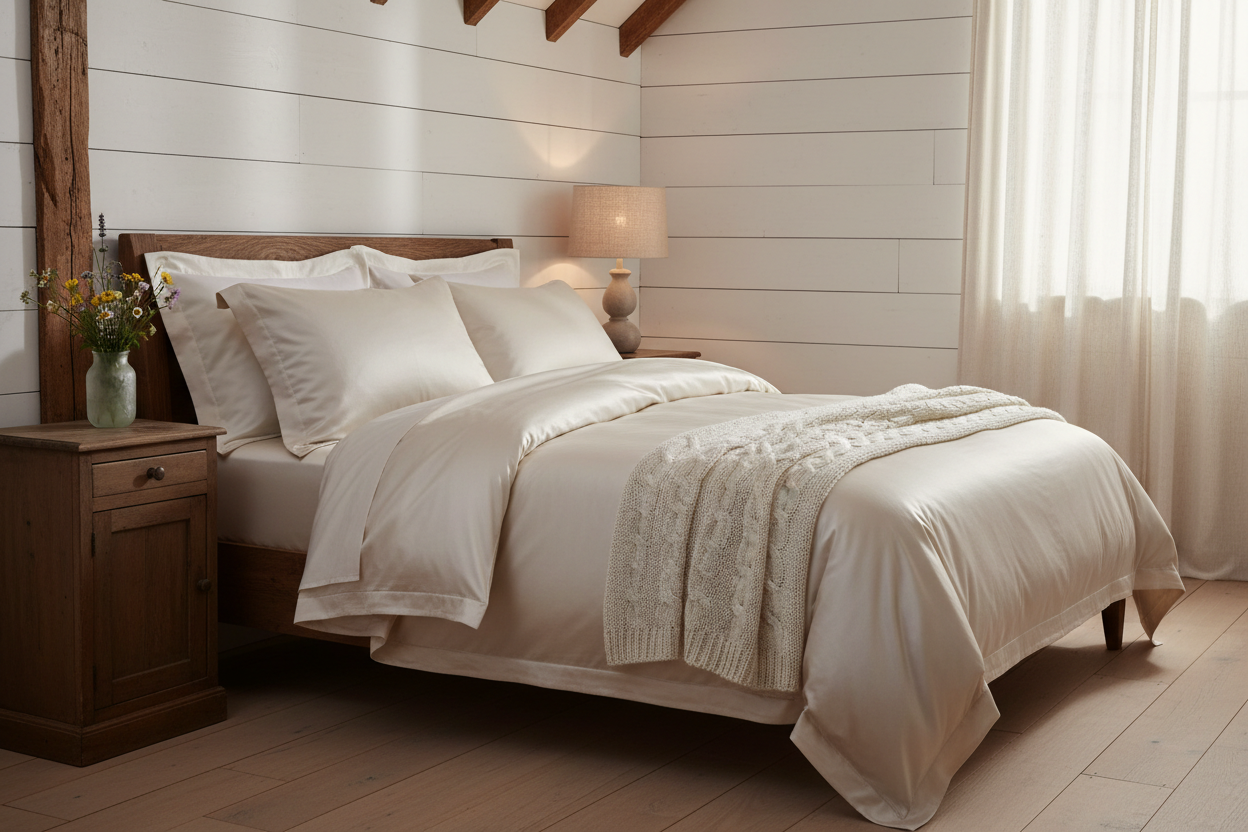 Styled bedroom with sateen finish under soft lighting