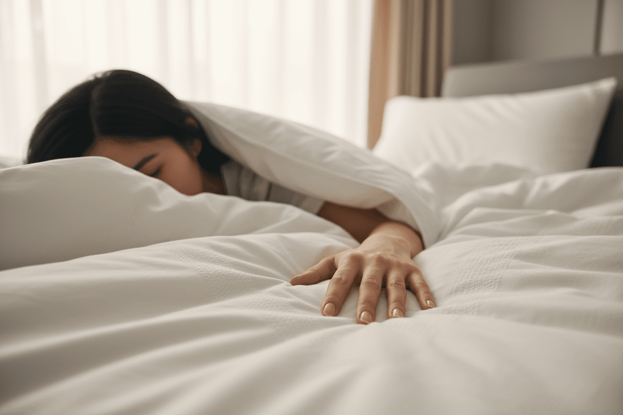 : Best Cotton Bedding Brands in the UK for Luxury Sleep Showing Black Haired lady sleeping in white bed