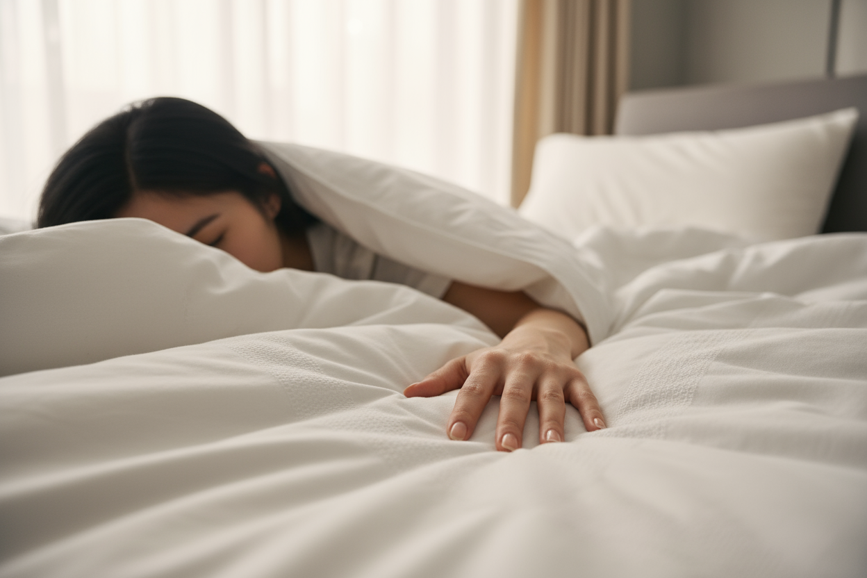 : Best Cotton Bedding Brands in the UK for Luxury Sleep Showing Black Haired lady sleeping in white bed