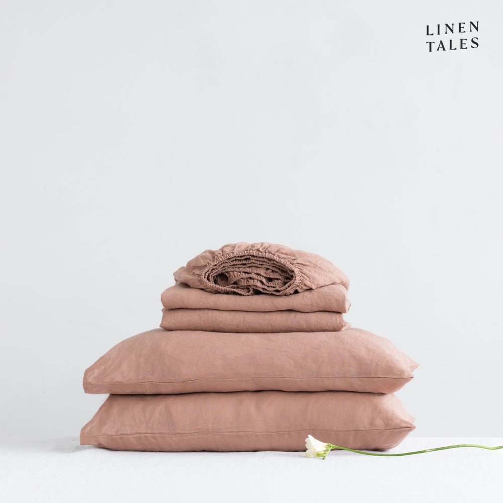 Pure European Linen Sheet Set in Cafe Creme displayed on a neatly made bed – includes a flat sheet, fitted sheet, and matching pillowcase for effortless comfort.
