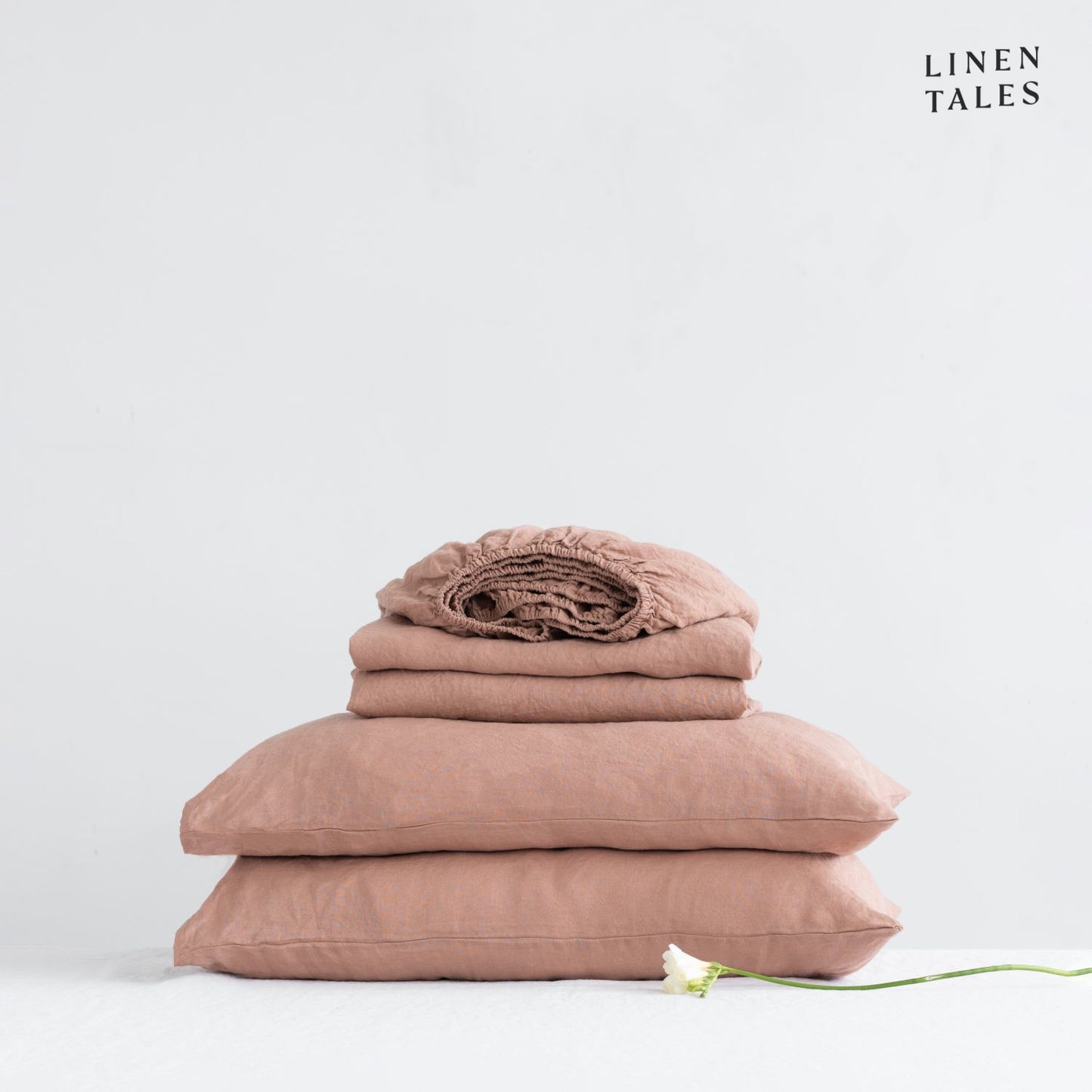 Pure European Linen Sheet Set in Cafe Creme displayed on a neatly made bed – includes a flat sheet, fitted sheet, and matching pillowcase for effortless comfort.