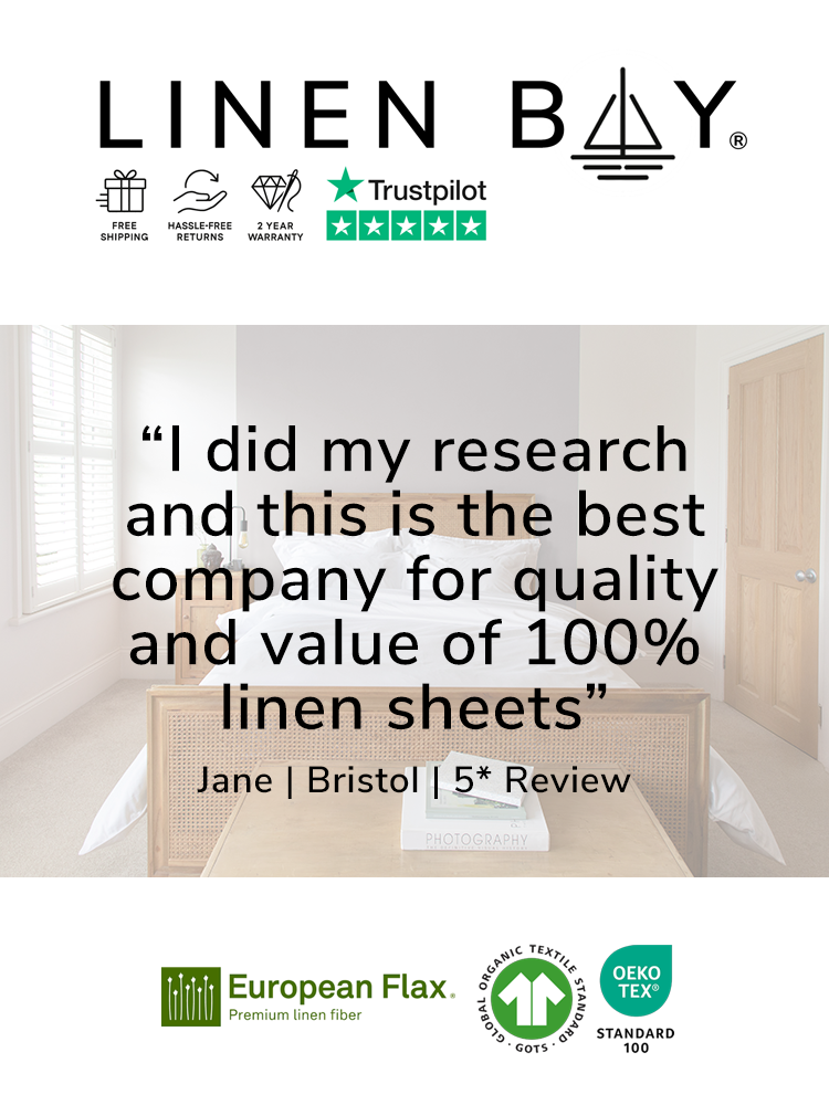 Advertisement for Linen Bay with a bedroom scene and customer review quote.