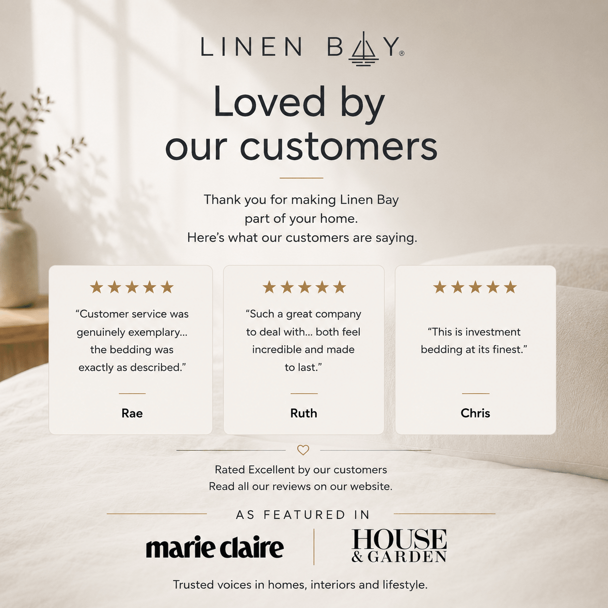 A promotional graphic for Linen Bay featuring customer testimonials, three review cards with star ratings and customer names, and featured media logos including Marie Claire and House & Garden.