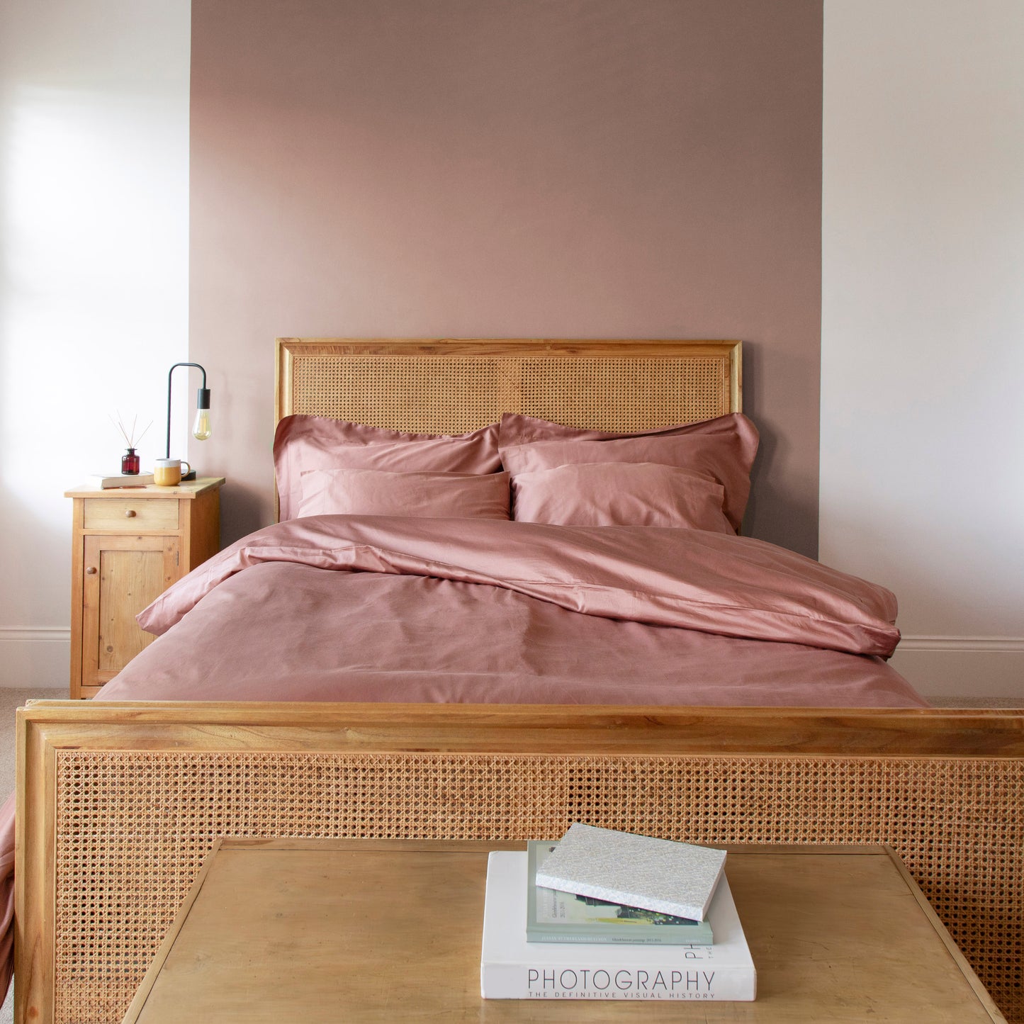 Sateen dune shadow bedding set including duvet and pillows on a contemporary bed – Linen Bay UK